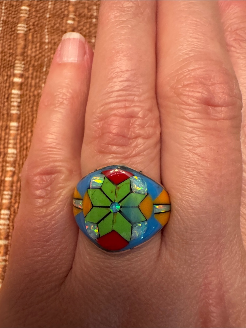 Handcrafted Multicolor Inlay Flower Sterling Silver Ring - 8.75 Blue, Green, Red